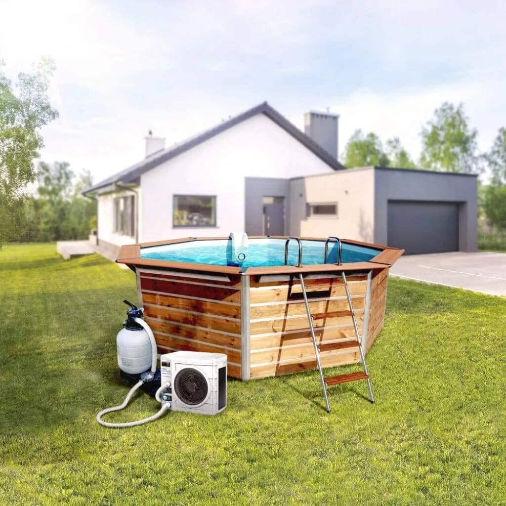 jacuzzi in de tuin met een warmtepomp ernaast
